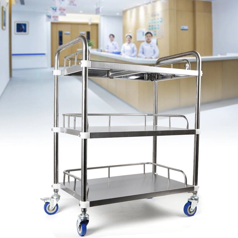 Chariot à trois couches en acier inoxydable pour laboratoire médical, hôpital, clinique dentaire, chariot de service avec roue verrouillable