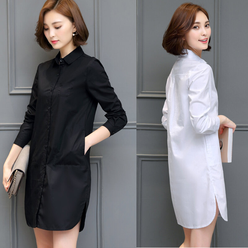 Autumn Spring White Cotton Women Long Shirts Long Sleeve Black Work Blouse Solid Color Office Lady Shirt Dress Female 2023 New
