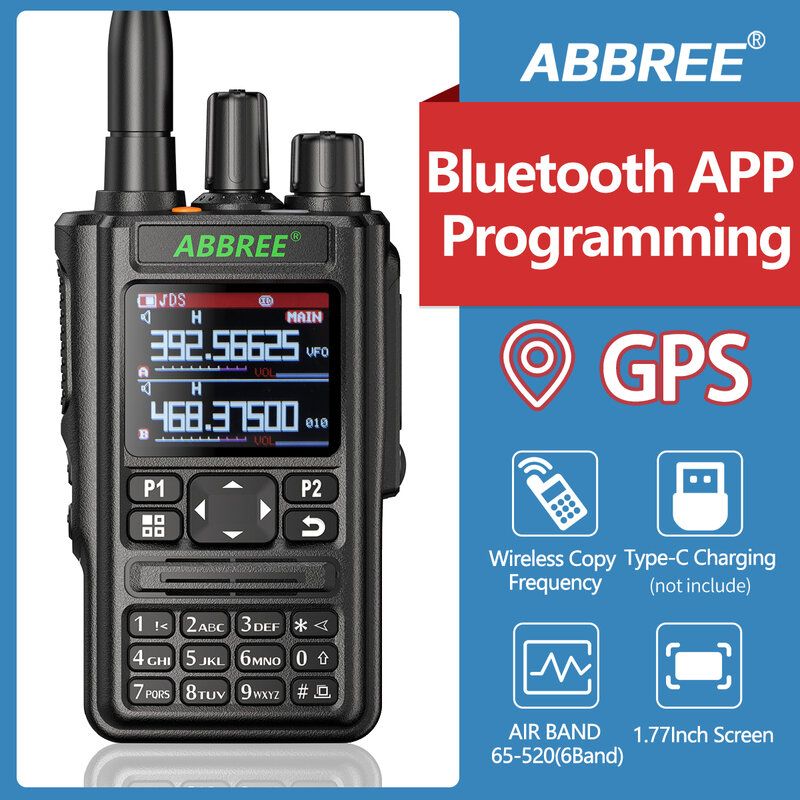 ABBREE AR-869 Walkie Talkie โปรแกรมบลูทูธ GPS Transceiver 136-520Mhz ทั้งหมดไร้สายสำเนาความถี่ Type-C two Way วิทยุ