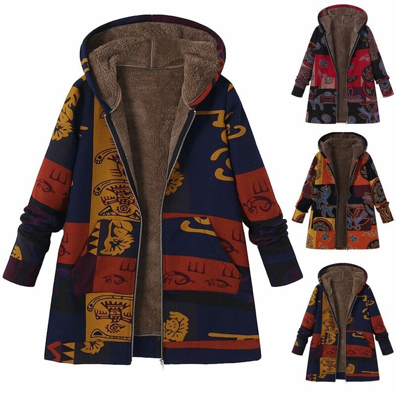 2022 inverno do vintage casaco feminino quente estilo étnico grosso com capuz jaqueta longa com bolso senhoras outwear solto casaco para mulher
