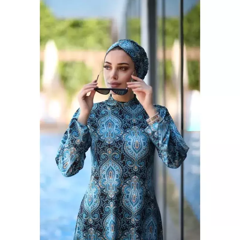 3 peça muçulmana roupa de banho feminina impresso estiramento capa completa roupas lslamic hijab mangas compridas esporte maiô burkinis