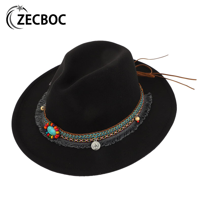 Kapelusz Fedora dla mężczyzn Retro Hollow pas z frędzlami szerokie rondo jazzowy kapelusz kobiety eleganckie dzikie najlepsze kapelusze Party Western Cowboy Cap moda fala
