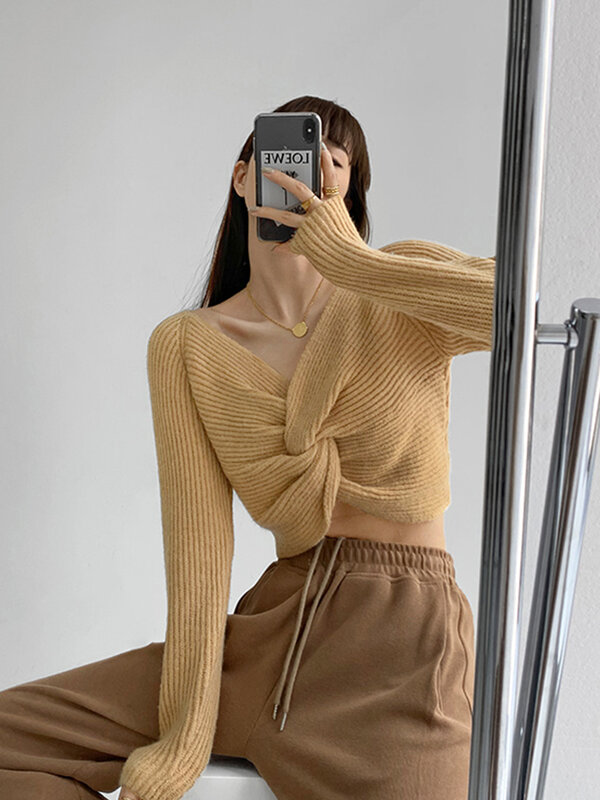 Vintage V-Neck Sweater Women's Y2k Clothes Twisted Cross Short Korean Fashion Streetwear Sweaters Autumn Long Sleeve Top 2022