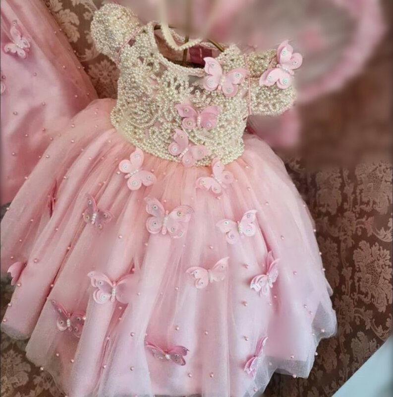 Pink A Line Baby Girl Dress for Birthday O Neck Tiered Puffy Kid Cloth Pageant Gown First Birthday for Girls