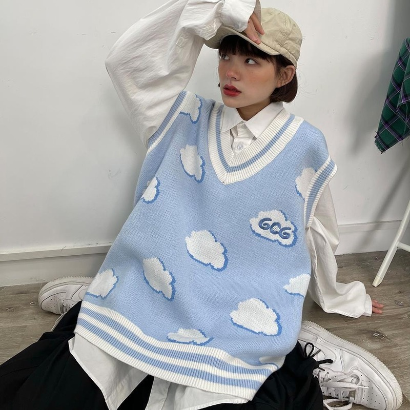 Deeptown – gilet Harajuku Kawaii, pull-over imprimé nuages, col en v, débardeur Style Preppy, sans manches, tricot bleu, vêtements mignons, automne hiver