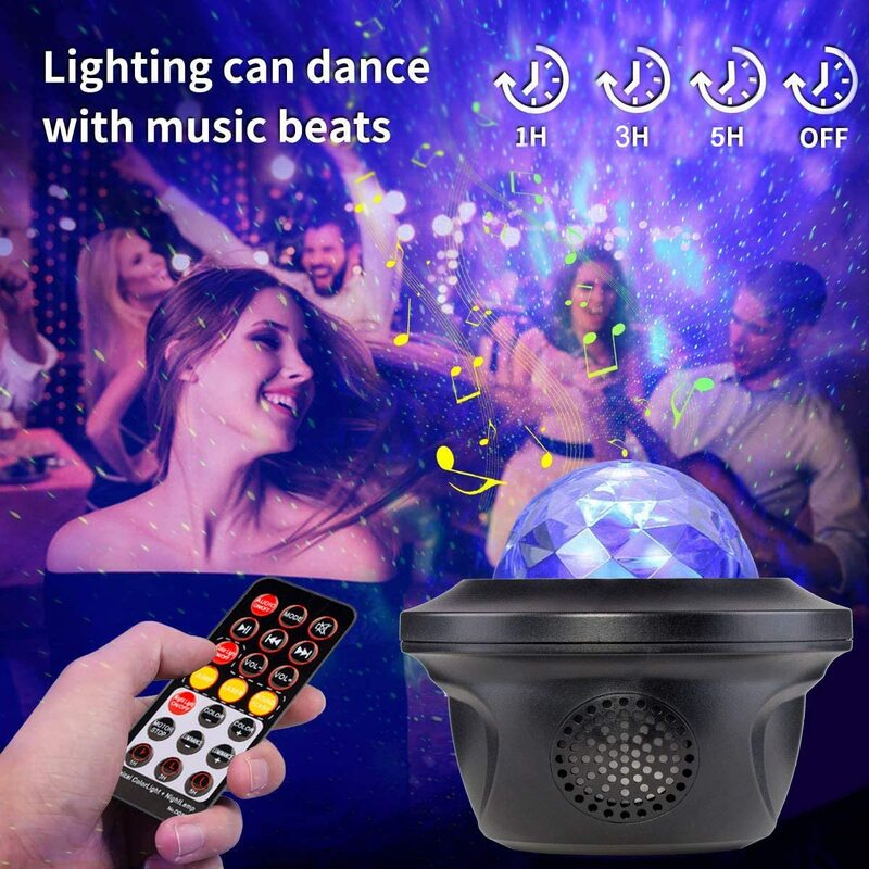 Projektor LED Galaxy Star lampka nocna projektor fal oceanicznych z pilotem i głośnikiem muzycznym Bluetooth do dekoracji pokoju prezenty