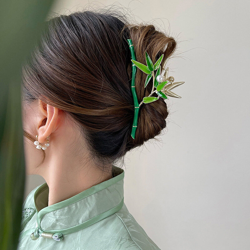 New Women Metal Hair Claw Elegant Green Bamboo Hair Clips Barrette Crab Headband Ponytail Clip Headwear Hair Accessories