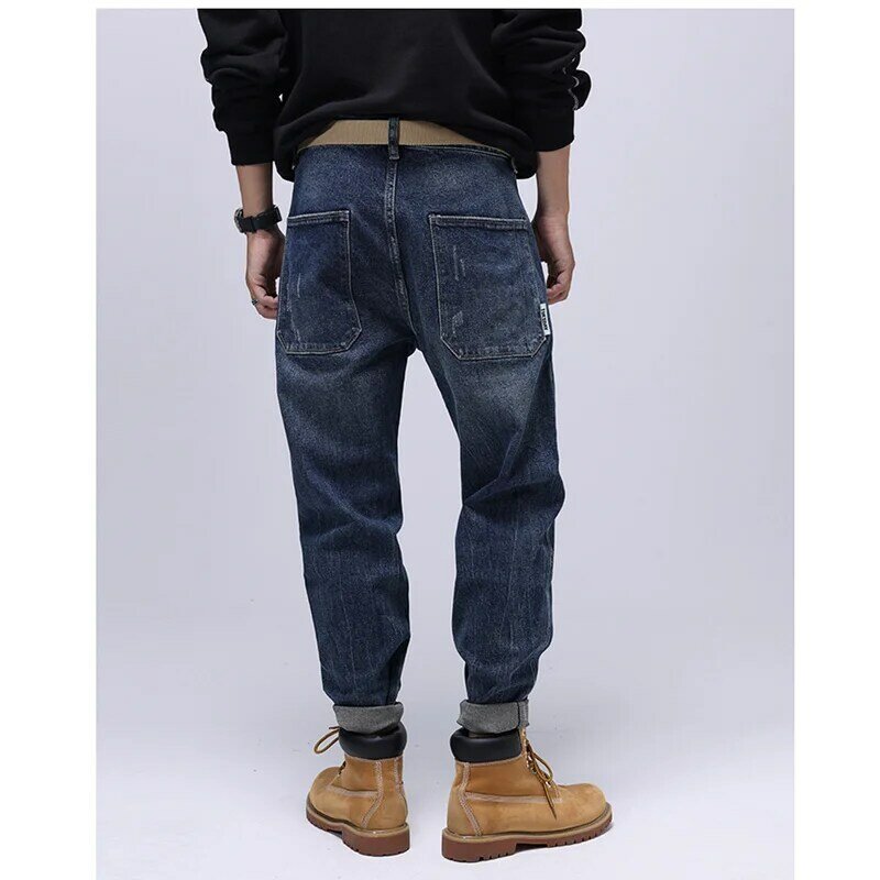 Roupas masculinas novo padrão de lazer vintage azul jeans em linha reta cilindro solto elástico força rua calças outono sexo feminino
