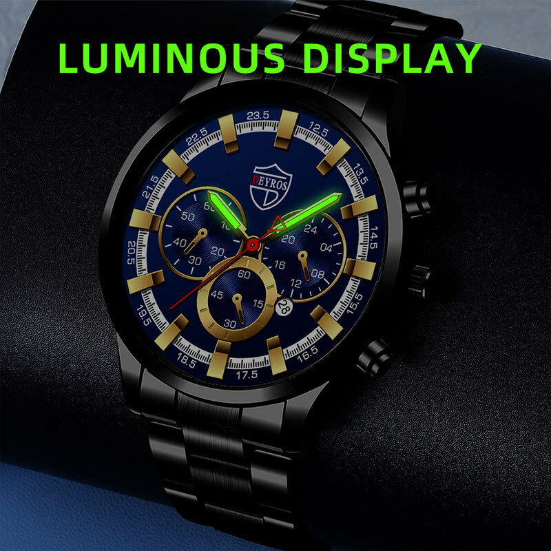 นาฬิกาข้อมือควอทซ์แฟชั่นสำหรับนักธุรกิจชายมีไฟกลางคืนสายสแตนเลสสตีลนาฬิกาผู้ชาย