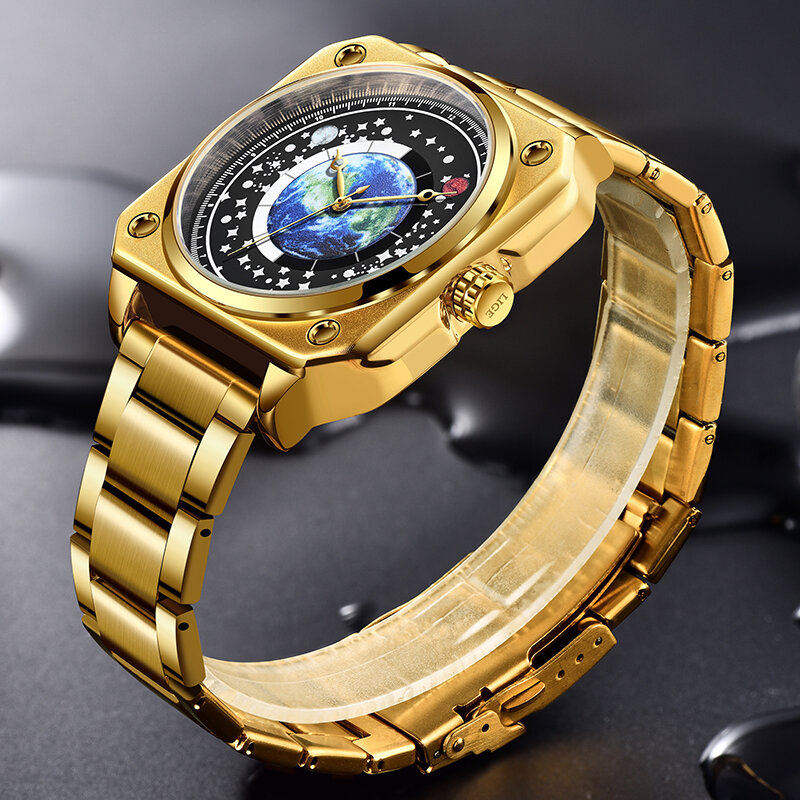 LIGE jam tangan olahraga pria, arloji merek terkenal mewah tahan air untuk pria, kreativitas kasual Planet biru Dial Quartz