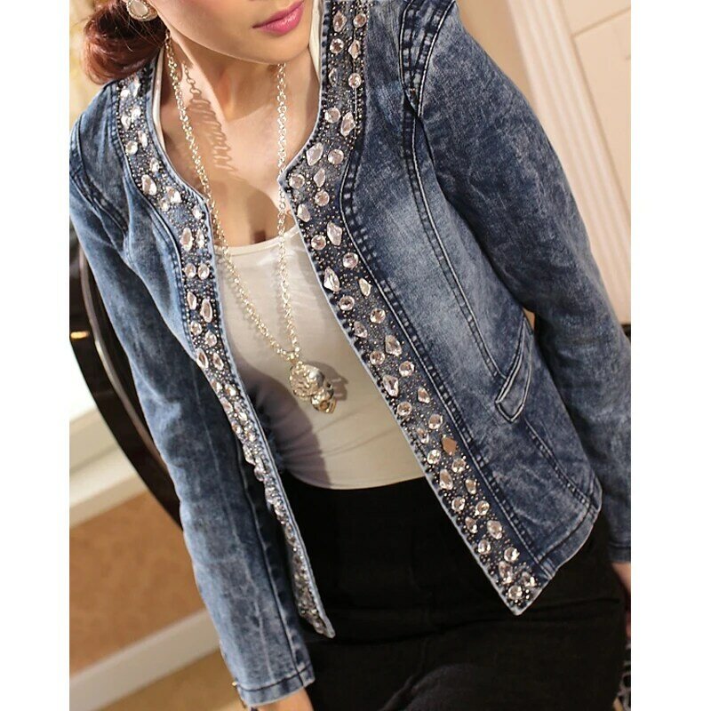 Женская джинсовая куртка, винтажная Повседневная куртка из денима со стразами, верхняя одежда, 862B, весна 2023