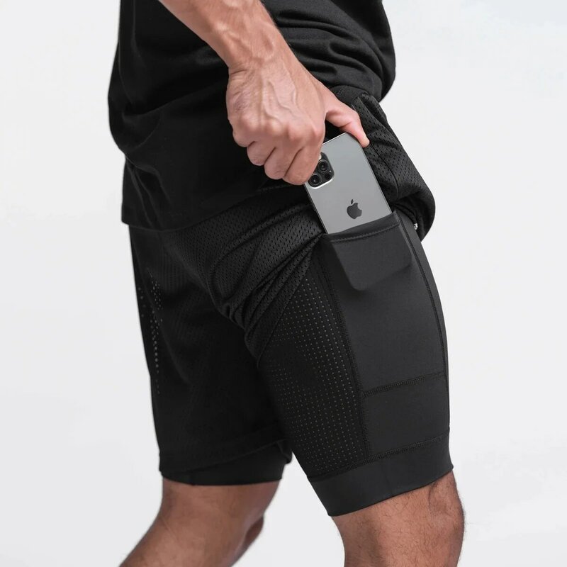 Pantalones cortos de doble capa con cremallera para hombre, Shorts de cintura elástica de secado rápido para entrenamiento, correr y correr