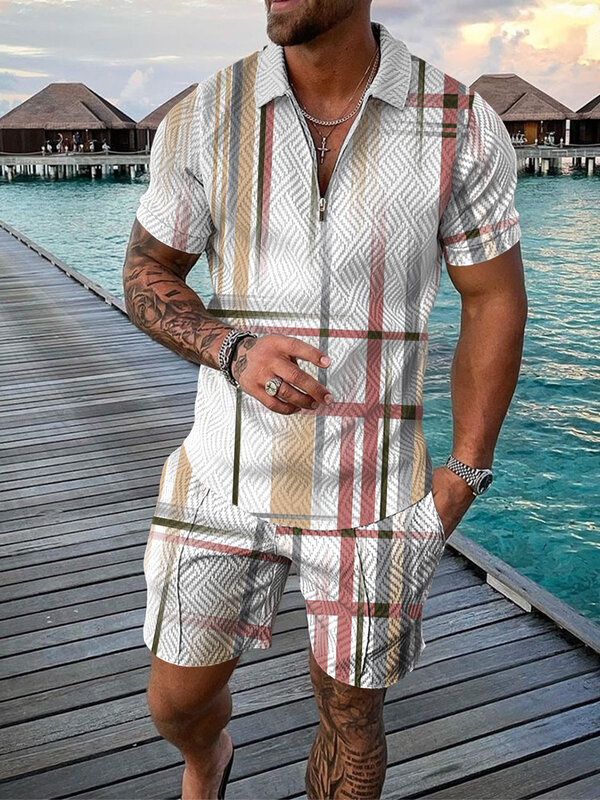 Спортивный костюм мужской из 2 предметов, рубашка-поло с коротким рукавом и пляжные шорты, Повседневная Уличная одежда оверсайз с 3D принтом, ...