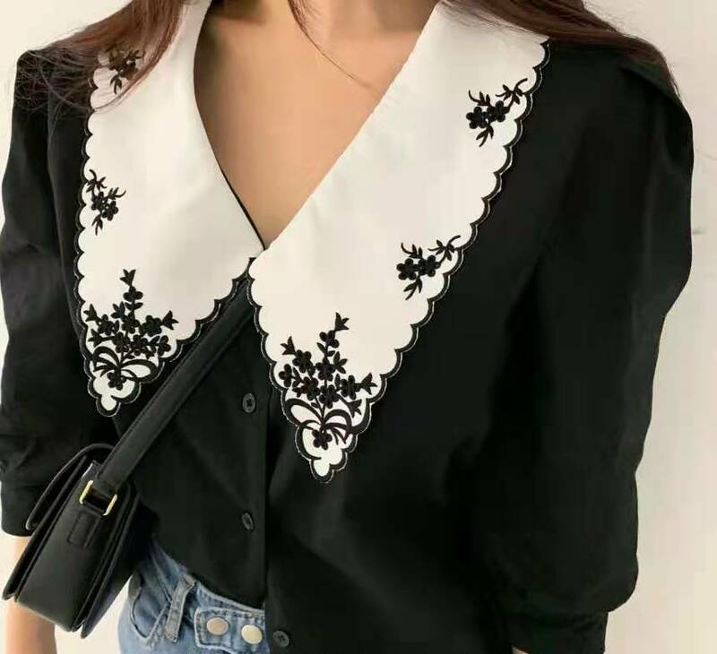 Women Tops Elegant Floral Embroidery Shirts Vintage Korean Chic Puff Sleeve Blouse Clothes Camisa Cuello Peter Pan Mujer 821A