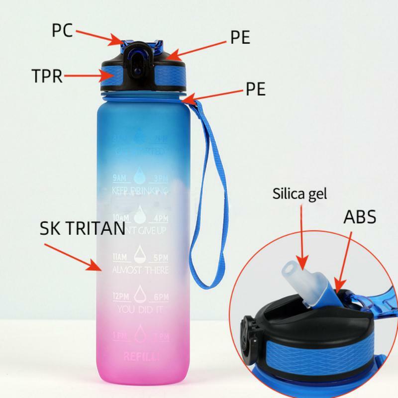 Botol air plastik portabel, penutup cangkir teh perjalanan, plastik portabel, tali penyandang anti bocor, anti debu, botol air 1000ml