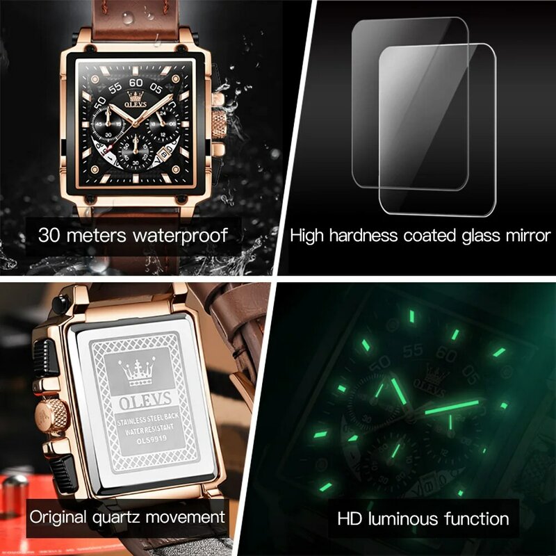 OLEVS Quartz Large Dial Luxury Men Wristwatch Waterproof Corium Strap Sport Watches for Men Luminous Chronograph Calendar