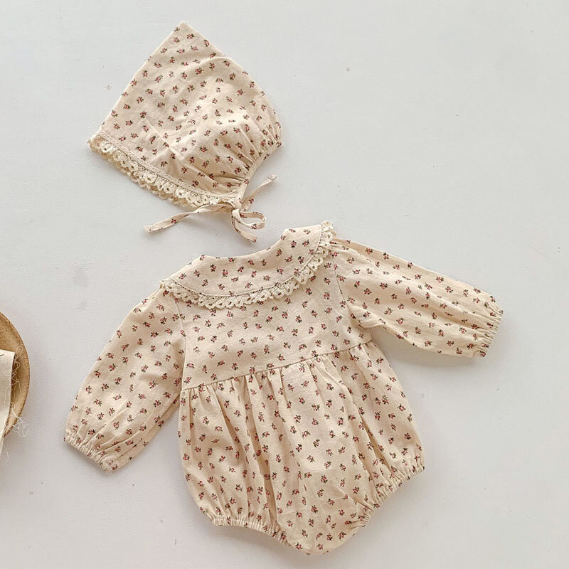 Infantil do bebê meninas macacão + chapéu de manga longa algodão impressão flor da criança do bebê meninas macacão primavera outono bebê meninas roupas