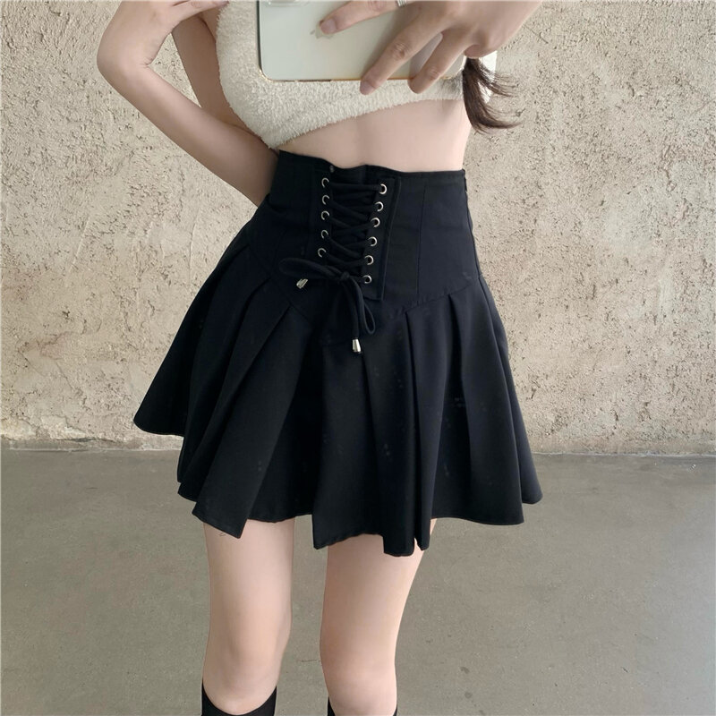 Falda de medio cuerpo negra para mujer, Falda corta plisada de cintura alta, informal, moda coreana, holgada, Vintage, Verano