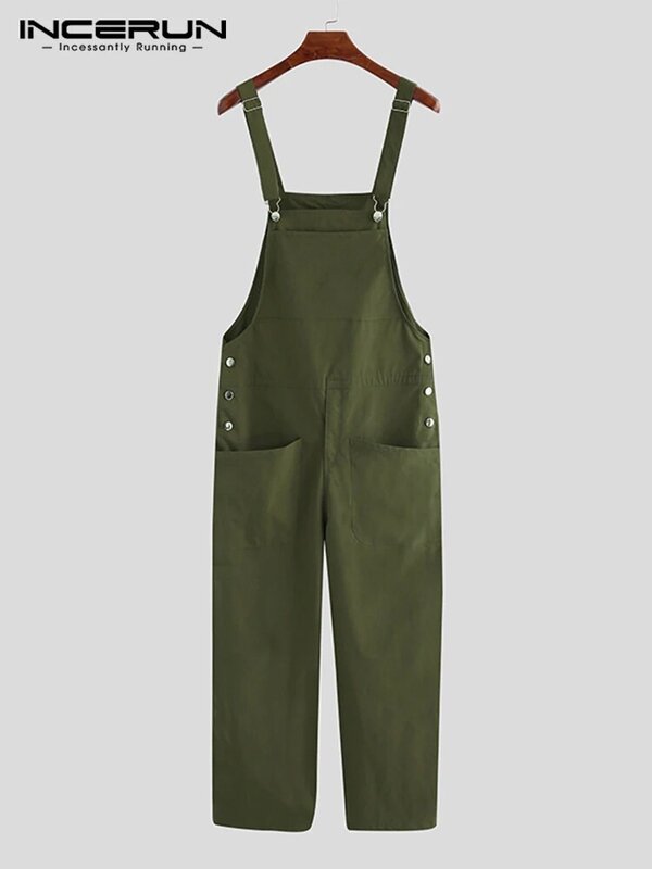 INCERUN Men Bib Pants Solid Color Jumpsuits Joggers Fashion Casual Multi PocketsStreetwear  Suspenders Cargo Overalls Men Romper