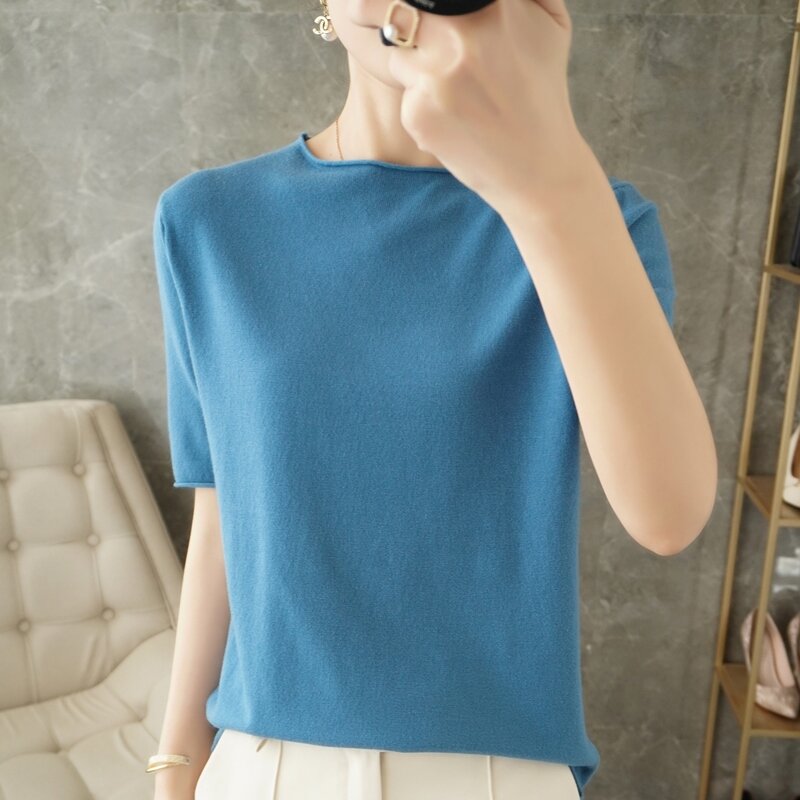 Suéter de punto para mujer, camiseta de manga corta con cuello redondo, rizada, holgada, Color sólido, versión coreana, 22