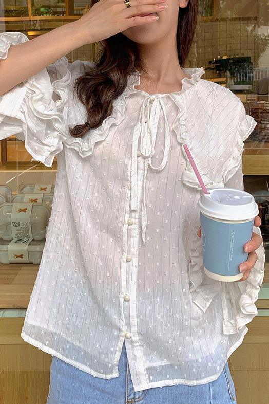 Spring 2022 New Style Long-sleeved Chiffon Shirt Women Fungus Ruffled Thin Long Flare Sleeve Thin Student Blouse Tops Tie Button
