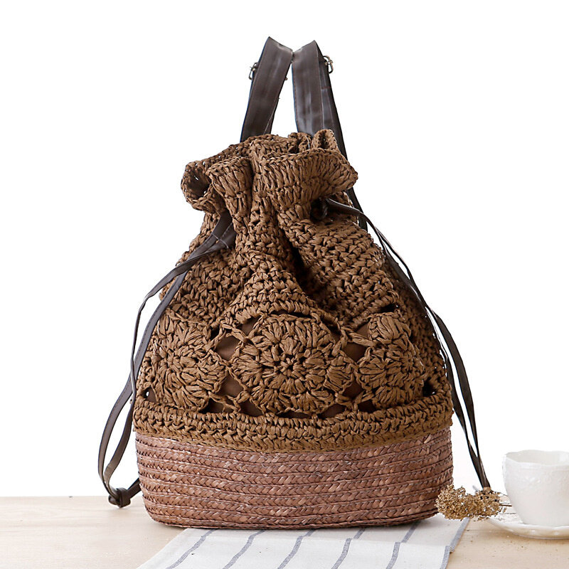 College style handmade hook flower double shoulder bag straw woven bag Forest Department leisure Women's bag