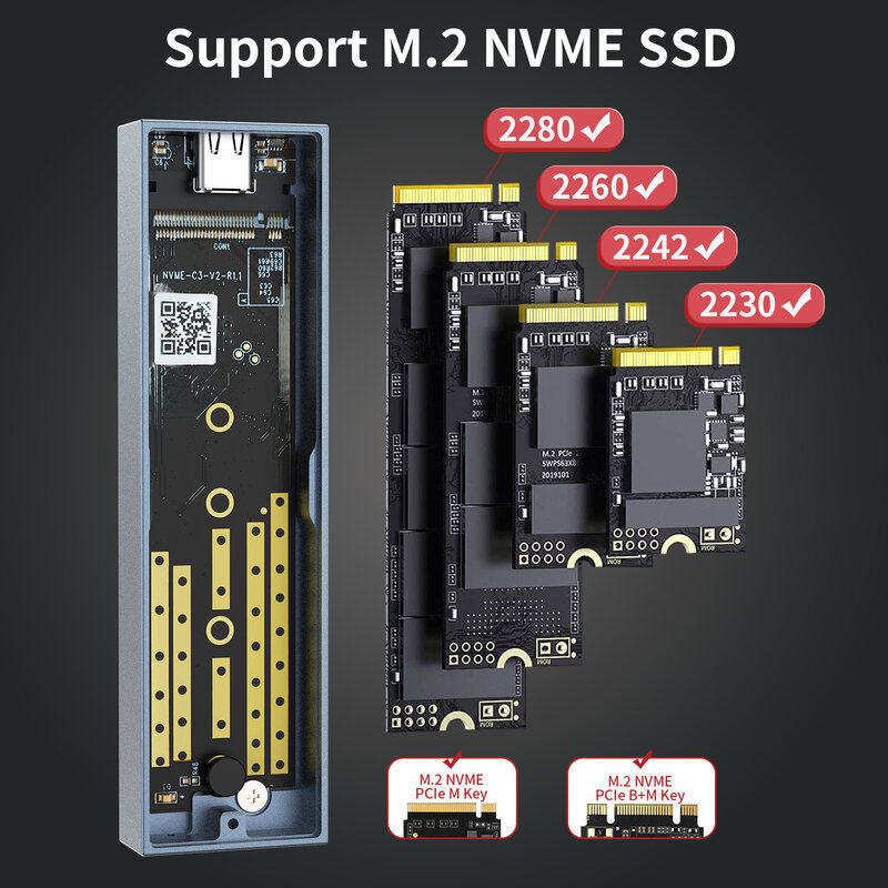 SANZANG M.2 NVME SATA SSD 인클로저 어댑터, 알루미늄 10Gbps USB C 3.1 Gen2 NVME PCIe 또는 10Gbps 외장 솔리드 스테이트 드라이브