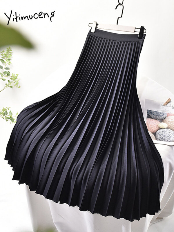 Yitimuceng Merk Designer Geplooide Rok Vrouwen Lente Elegante Hoge Taille Luxe Mode Elastische Taille Midi Black 2022 Office Lady