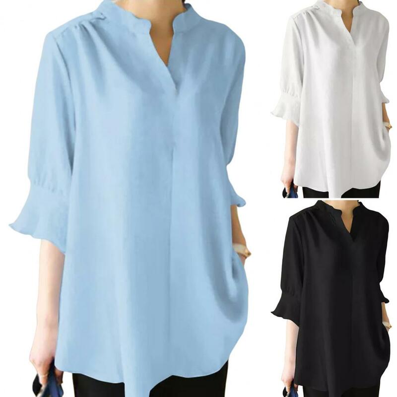 V-Neck Mid-Length Loose Fit Summer Shirt Solid Color Half Sleeve Pullover Blouse Female Clothing