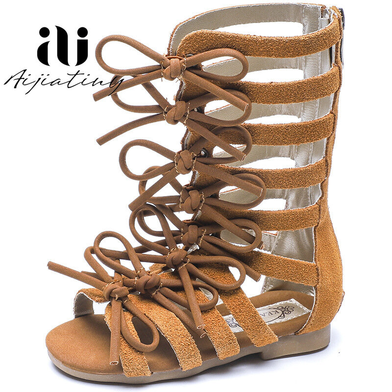 Skórzane małe dziewczynki sandały letnie zamszowe rzymskie sandały dla dzieci łuk buty damskie dziecięce sandały gladiatorki