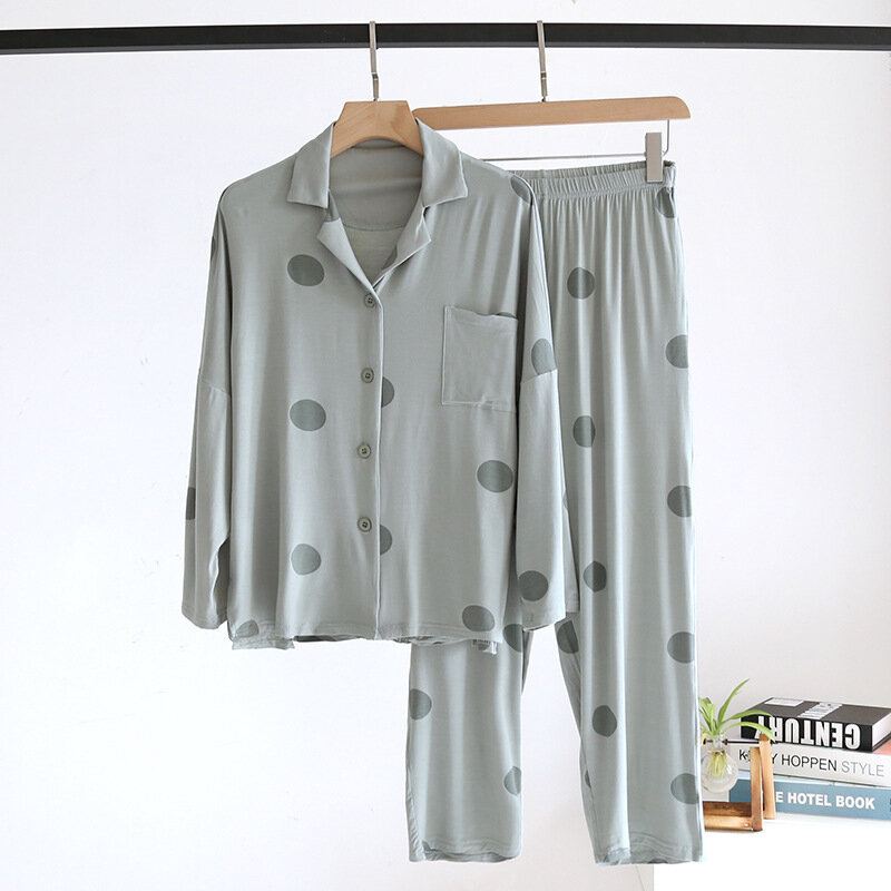 Conjunto de pijamas de gran elasticidad con estampado de puntos para mujer, conjunto de ropa de casa de Modal, con solapa, manga larga fina, pantalones rosas, primavera y verano