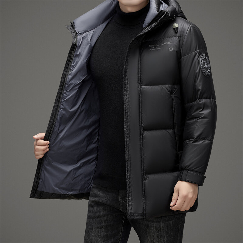Jaqueta com capuz de pato branco high-end masculina, casaco grosso e quente, comprimento médio, casaco de inverno, 2022