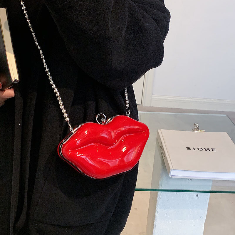 Fashion Bags for women 2022 Pearl Chain Crossbody Bag Pvc Luxury Transparent Shell Bag Woman Red Lips Evening Party Shoulder Bag