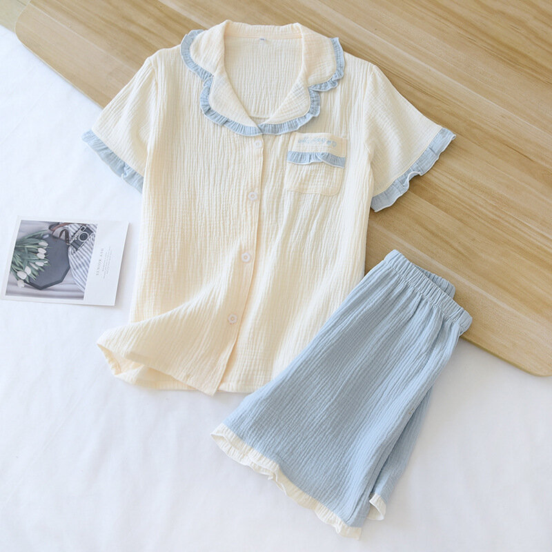 Girls Pajamas Set  Sleepwear Loungewear Short-sleeved Shorts Lapel Fresh Contrast Color Lace Soft Crepe Summer Cool Home Clothes