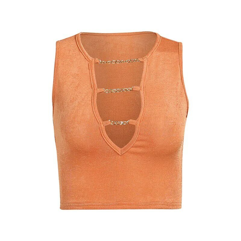 2022 women's summer new chain open chest hollow out bright silk exposed navel tight solid color sleeveless top crop top women