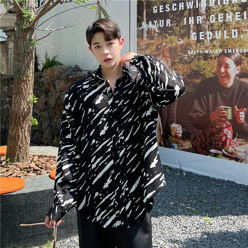 Streetwear juventude homem camisa chiffon impressão do vintage manga longa camisa oversize blusa solta casual topo coreano dos homens designer cothes