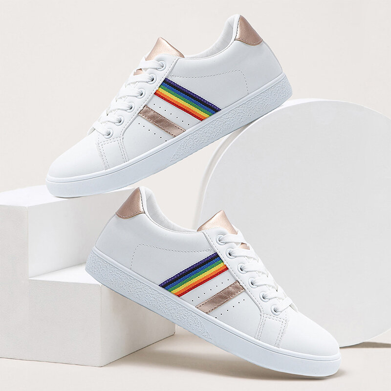 Zapatos vulcanizados sencillos con cordones para mujer, zapatillas informales planas con diseño de arcoíris, para estudiantes juveniles, color blanco