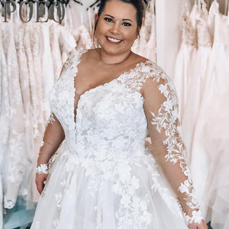 POEO Plus Size Wedding Dresses MM079 Applique Sweetheart Neck Long Sleeves Floor Style Simple Style Suitable for Wedding Formal