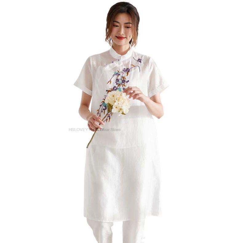 ชุดเดรสกี่เพ้ายาวผ้าชิฟฟ่อนสไตล์จีนสำหรับผู้หญิงชุดเดรสกี่เพ้าสง่างามใหม่ฤดูร้อน