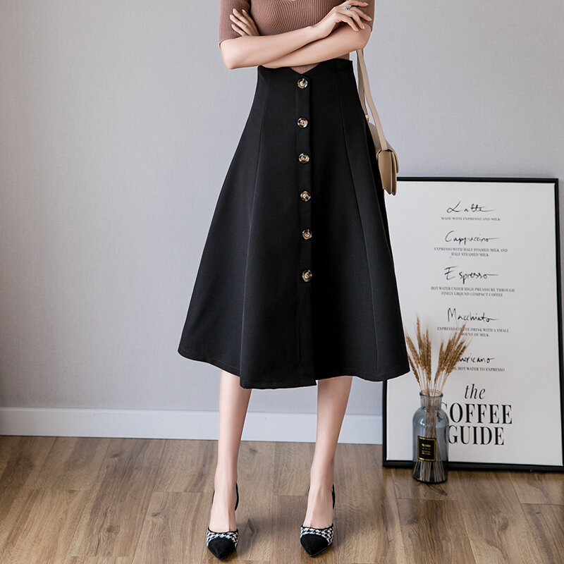 Wisher & tong 2022 primavera elegante uma linha saia para as mulheres de cintura alta cor sólida escritório wear longo skirs moda vintage saia preta