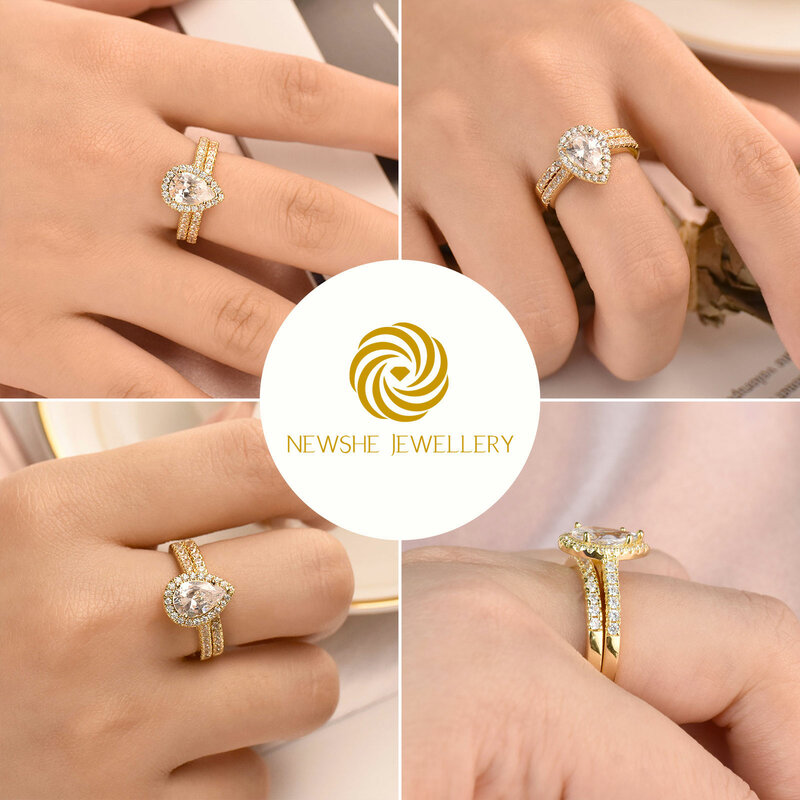 Wuziwen Cincin Tunangan Emas Putih Mawar Kuning Set Pengantin untuk Wanita 925 Perak Murni Bentuk Tetesan Air Mata AAAAA CZ Perhiasan Pernikahan