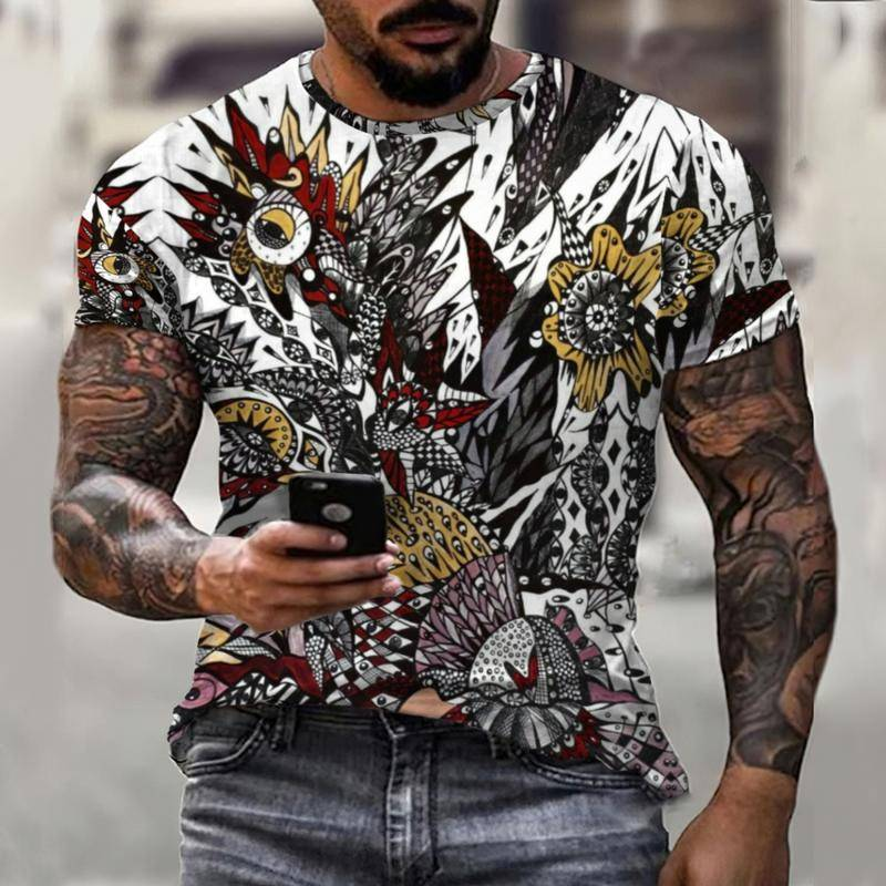 3D男性の夏新落書き男性のtシャツ三次元カジュアルトップ0ネックプリント抽象ファッションストリート半袖男性