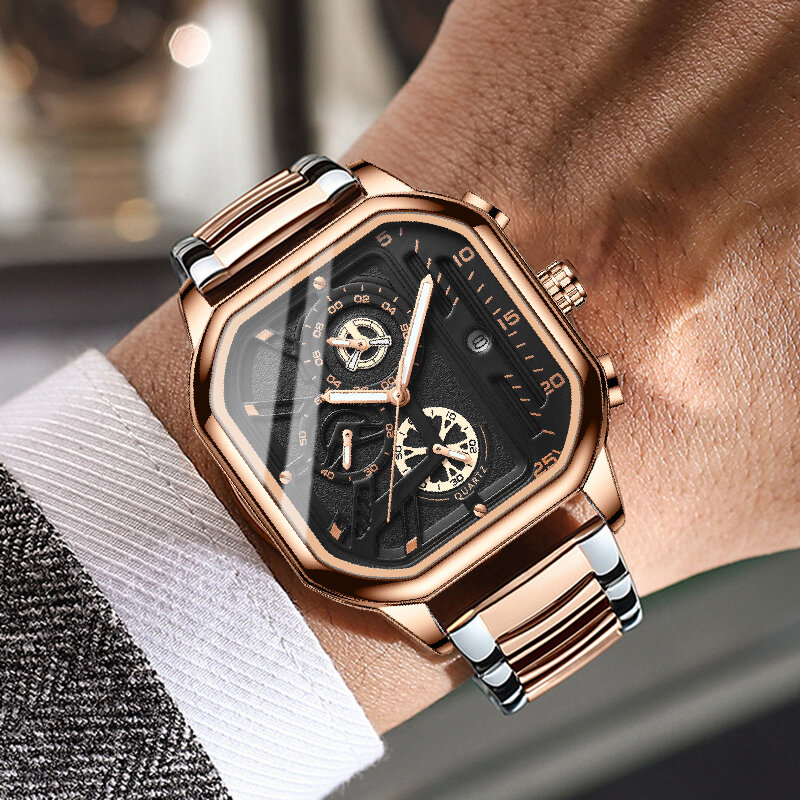 Мужские наручные часы с хронографом, многофункциональные деловые кварцевые часы цвета розового золота с кожаным ремешком, 2022