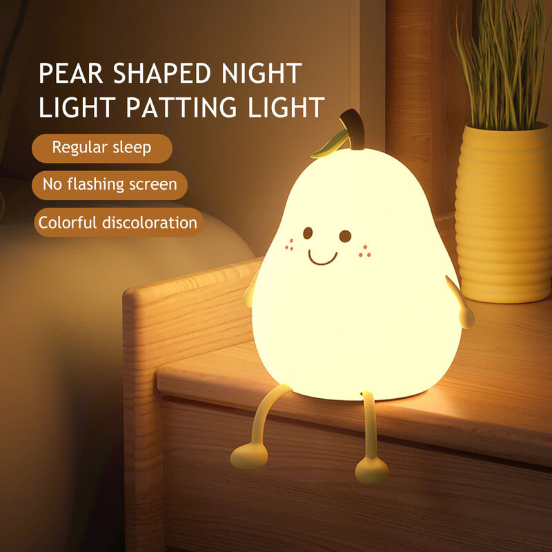 LED Pear ผลไม้ Night Light USB ชาร์จ7สี Dimming Touch ซิลิโคนตารางโคมไฟการ์ตูนน่ารักตกแต่งห้องนอนโคมไฟข้างเตียง
