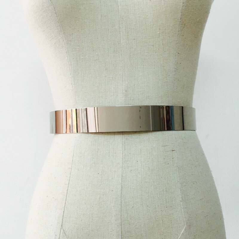Fashion Women Adjustable Designer Metal Waist Belt Bling Gold Silver Color Plate Vintage Ladies Simple Belts Mirror Waistband
