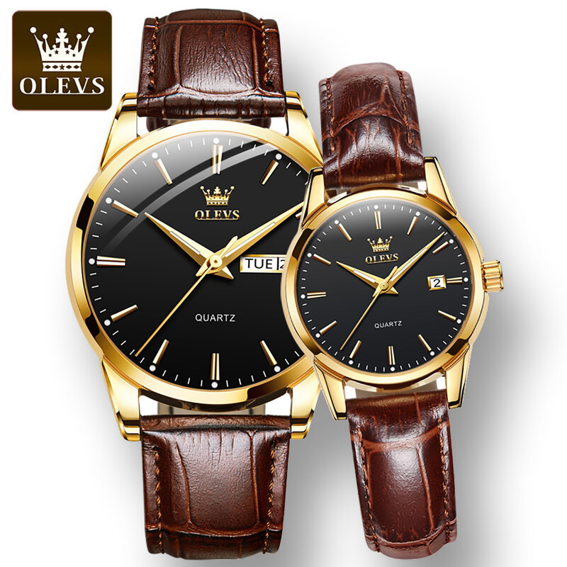 Водонепроницаемые часы OLEVS для пар, кварцевые модные наручные часы с ремешком из искусственной кожи, с календарем, отображением недели