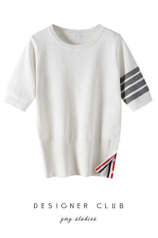 TB-Camiseta de punto de seda de hielo para mujer, top corto gris de cuatro barras con cuello redondo, jersey de manga corta, tendencia ins