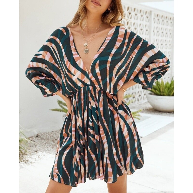 Plus size New and 2022 Sexy Spring Fashionable and Summer Color Stripe Printing V-neck Strappy Long-sleeved Dress