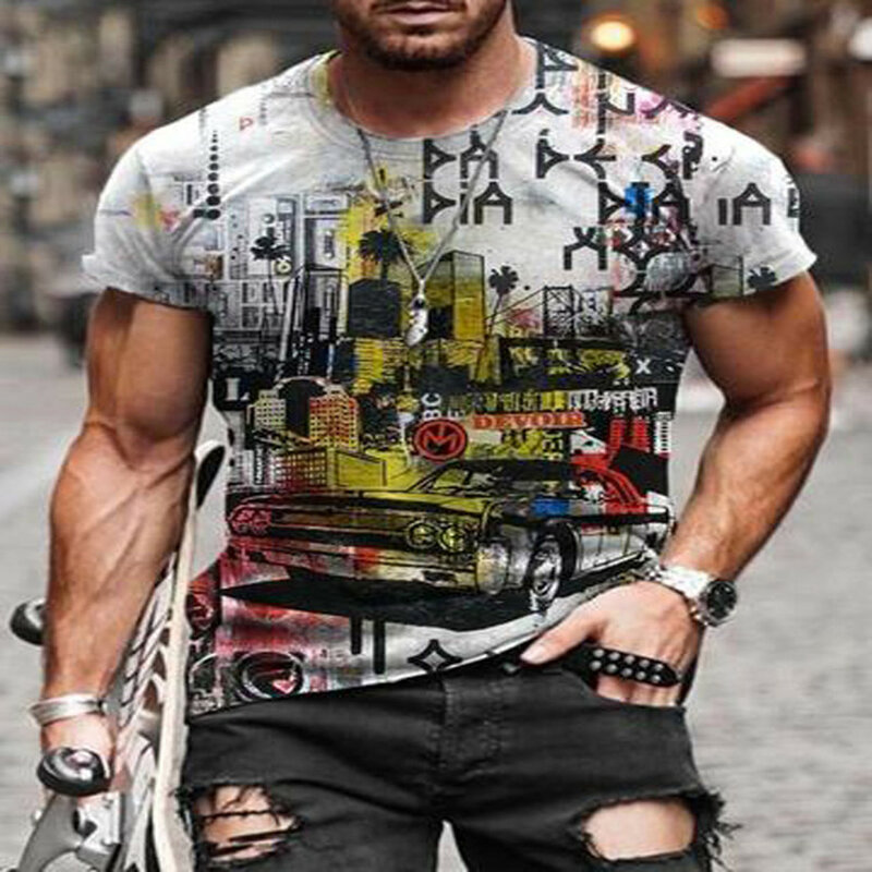 패션 STP 3D 프린트 티셔츠 남성 스트리트 클래식 레트로 라운드 넥 반팔 캐주얼 오버사이즈 티셔츠, 여름 인기 스트리트 탑