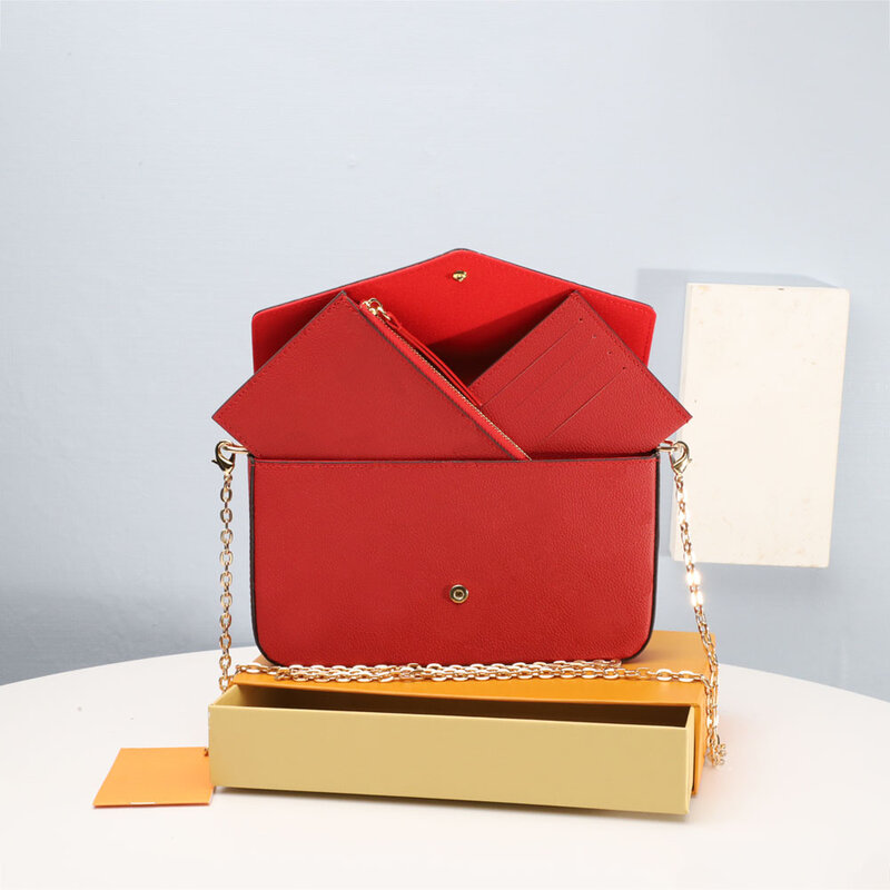 Bolso de hombro de tres piezas para mujer, bandolera de cuero con caja, bolso de cadena, cartera de mano